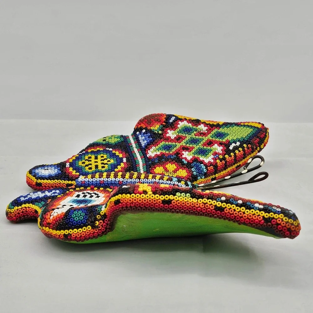 Huichol Beaded Butterfly Mexican Folk Art Multicolor Wall Decor Sculpture 6.5in